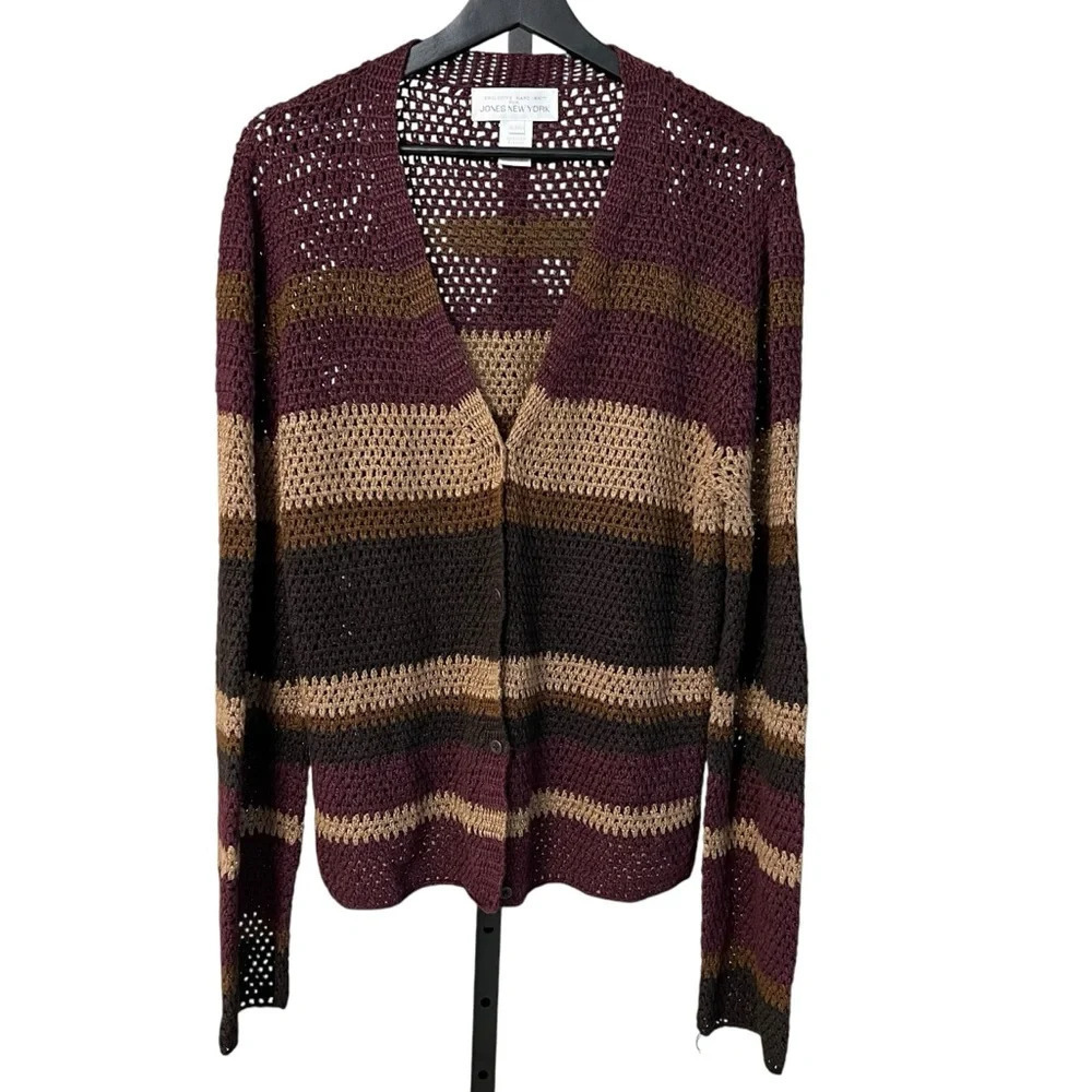 Vintage Jones New York Hand Knit Linen Stripe Cardigan Purple Brown XL Y2K Boho